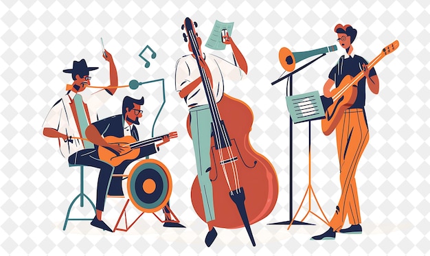 PSD músico vintage com personagens tocando instrumentos e pessoas png em ilustração de trabalho diário