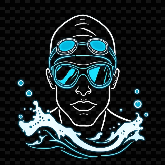 PSD nageur tonné avec des lunettes d'œil neon wave art design avec aqua blue et illustration neon character