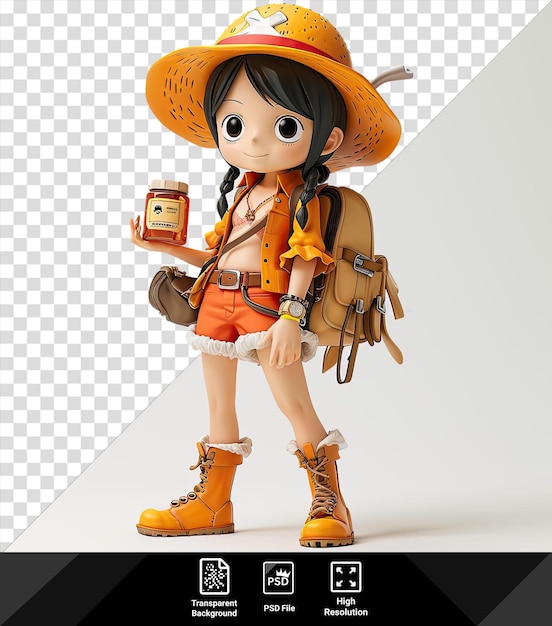 Nico Robin transparente de uma peça de anime vestindo um chapéu amarelo e calções laranja com cabelo preto e um olho preto segura uma bolsa marrom e uma bota marrom enquanto uma boneca senta ao lado