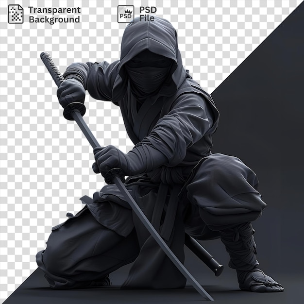 Ninja 3D en mode furtif brandissant une épée argentée portant une cape noire et grise et des bottes noires avec une main grise et noire visible au premier plan