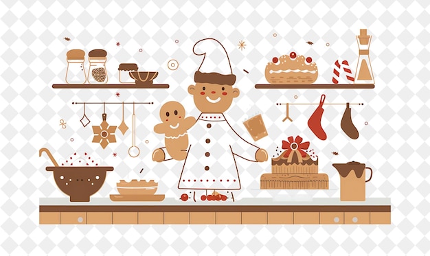 PSD noël dans la cuisine avec l'homme au pain d'épice et la co-illustration design artistique de noël