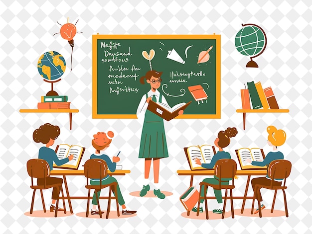 PSD nostalgische lehrerin mit charakteren, die bücher lesen und schreiben png-menschen in der täglichen arbeit illustration