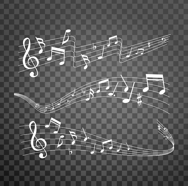 PSD notes de partitions de musique élégantes en ligne musicale notation musicale tourbillons avec des symboles de notes fixés