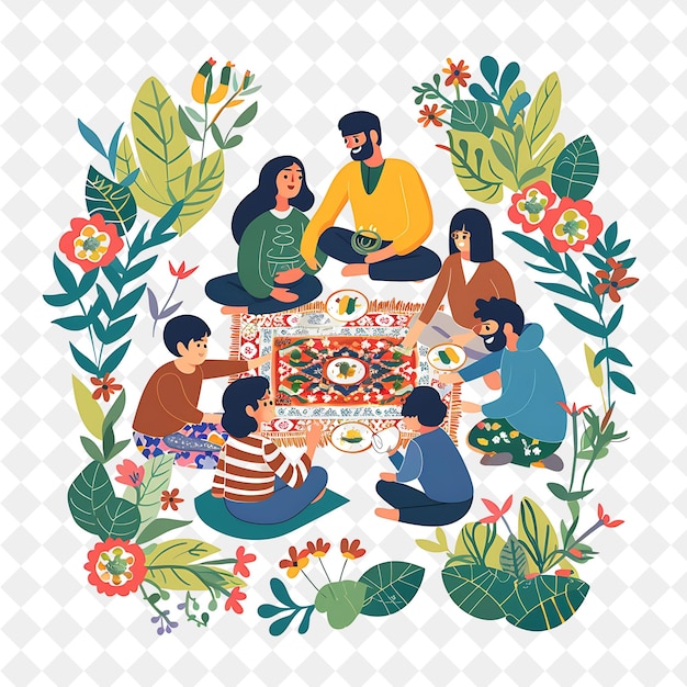 PSD nowruz picnic com famílias desfrutando de comida em um jardim em flor png festival 2d flat art ilustrações