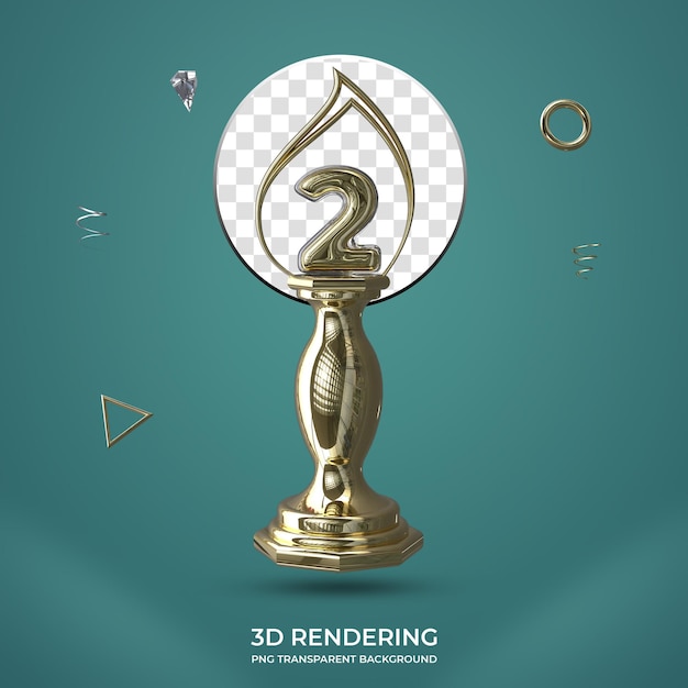 PSD numéro 2 trophée d'or numéro 3d fond transparent