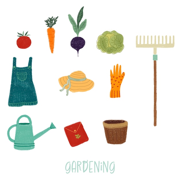 PSD des outils de jardinage colorés, des éléments d'illustration isolés sur un fond blanc