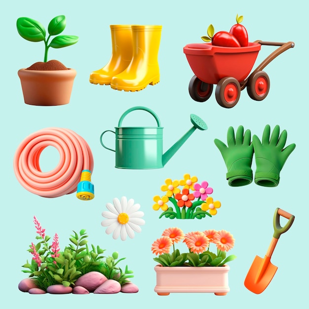 PSD outils et plantes de jardinage colorés