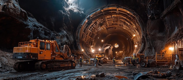 PSD des ouvriers de la construction et des machines à l'intérieur d'un grand tunnel