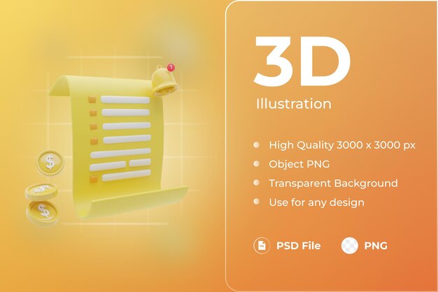 PSD pagamento de recibo de transação de conta de papel de ícone de finanças 3d com notificação