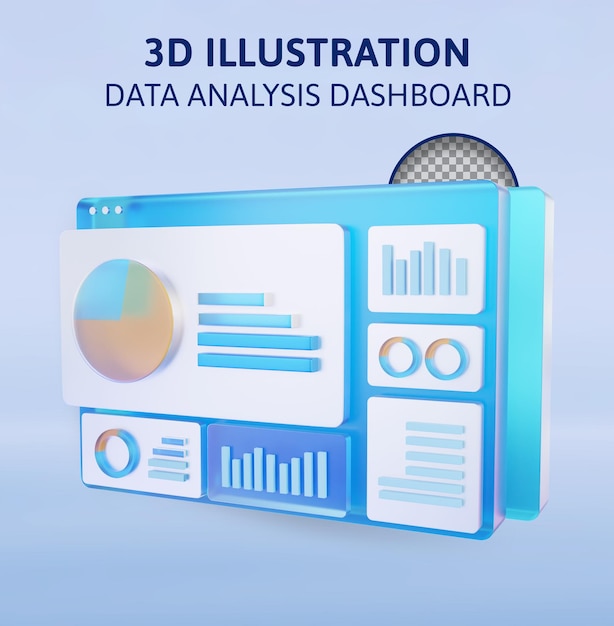 PSD painel do analista de dados e ilustração de renderização 3d do relatório financeiro