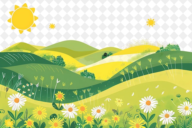 PSD paisagem ensolarada caprichosa com colinas onduladas e flores silvestres ilustração desenho de cenários naturais