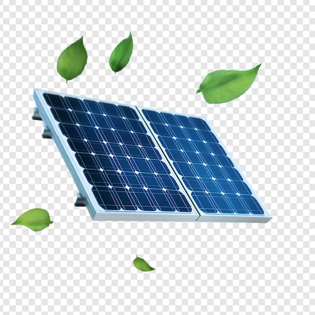 PSD panneau solaire avec des feuilles vertes isolées sur un fond transparent