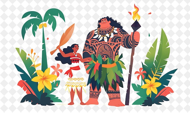 PSD le paradis tropical avec moana et maui ayant un style de vie polynésien