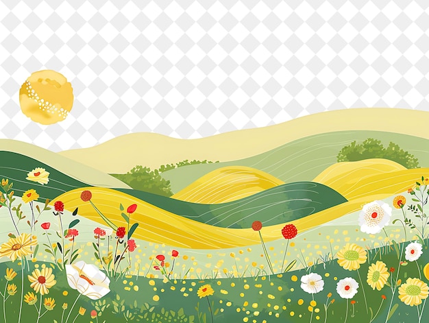 PSD paysage ensoleillé capricieux avec des collines vallonnées et des fleurs sauvages illustration décor naturel