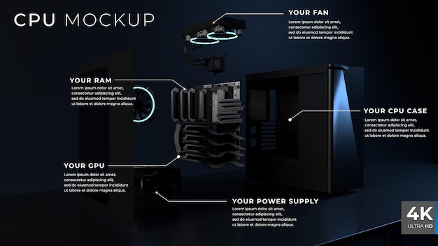 PSD pc de jeu avec rendu 3d d'infographies de spécifications