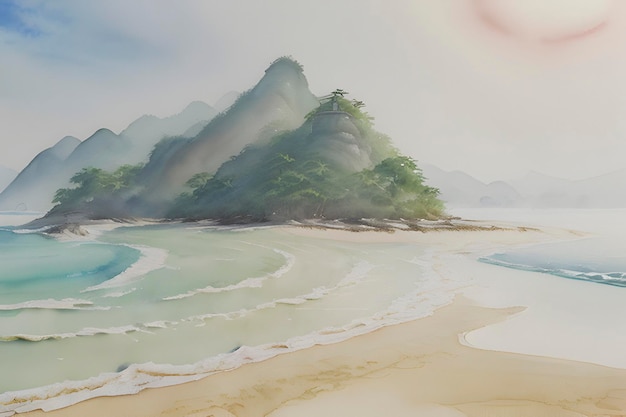 PSD des peintures à l'aquarelle de belles plages et îles