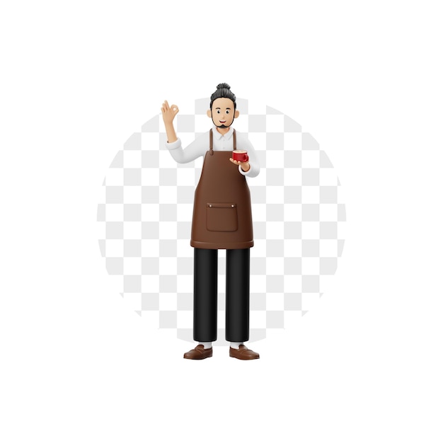 PSD personagem 3d barista segurando café na mão