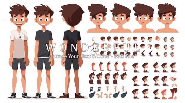 PSD personnage de dessin animé spritesheet boy avec diverses poses et expressions