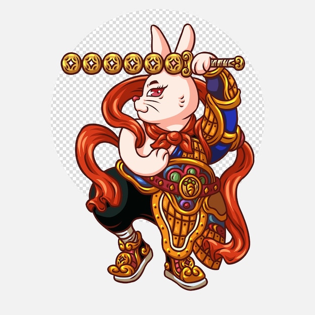 PSD personnage de dieu porte lapin mignon avec épée sur fond blanc