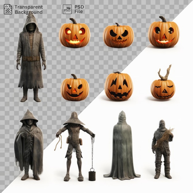 Des personnages effrayants et des citrouilles sculptées Halloween Clear Background Isolation