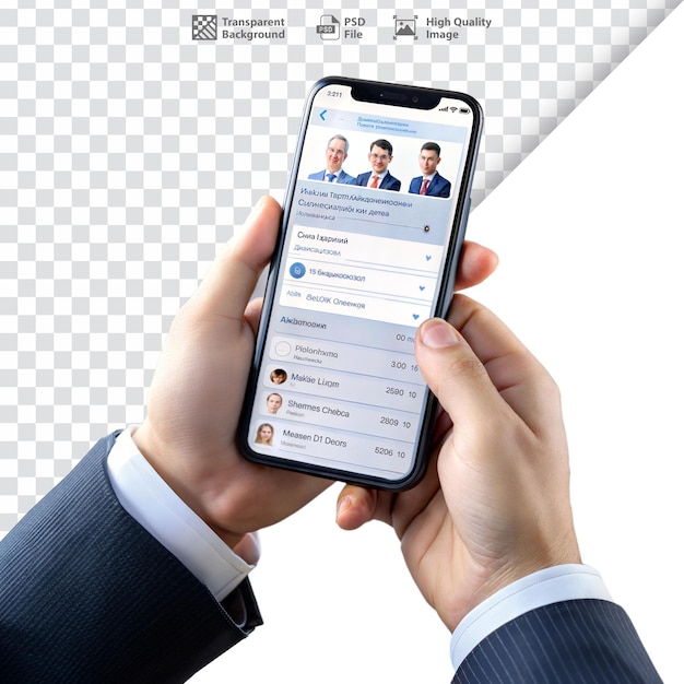PSD personne tenant un smartphone montrant une application de messagerie avec plusieurs contacts