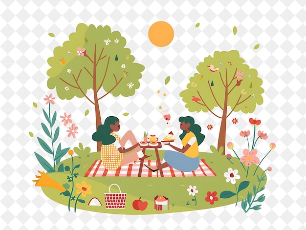 PSD picnic de primavera com personagens desfrutando de um piquenique em um parque de png festival ilustrações de arte plana 2d