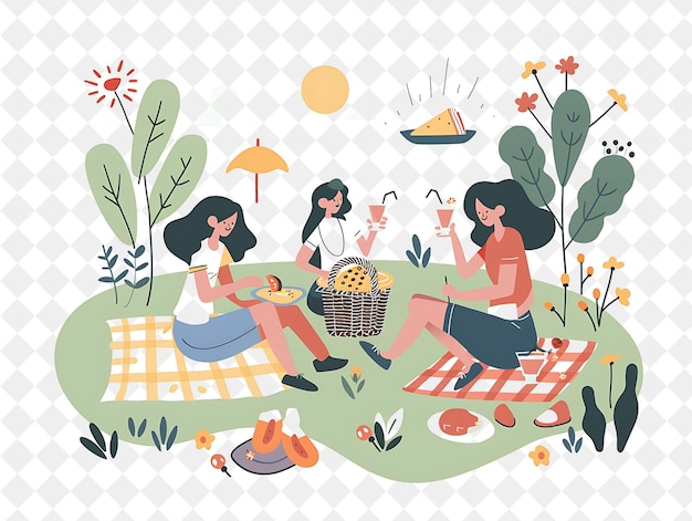 PSD picnic de primavera com personagens desfrutando de um piquenique em um parque de png festival ilustrações de arte plana 2d