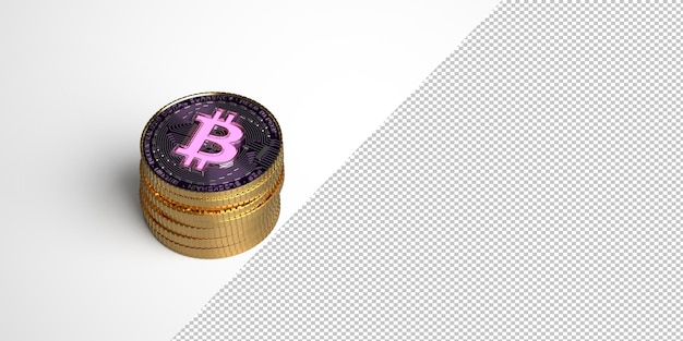 PSD pile de pièces de monnaie bitcoin rose doré sur une maquette de fond blanc. illustration de rendu 3d.