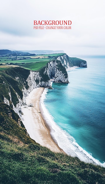 PSD une plage avec une falaise et une plage avec vue sur la mer.