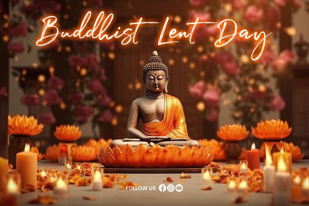 PSD plakat zum buddhistischen fastentag mit buddha-statue im hintergrund