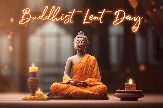 PSD plakat zum buddhistischen fastentag mit buddha-statue im hintergrund