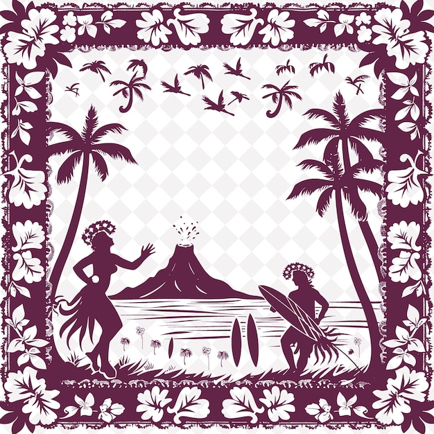 PSD png art populaire hawaïen avec des danseurs leis et hula pour les décorations traditionnel cadre unique décoratif