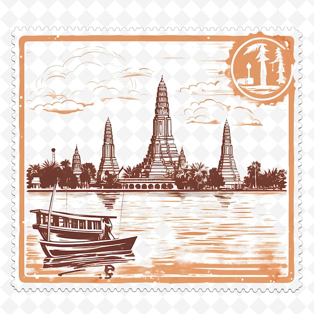 PSD png bangkok city avec monochrome sienna color wat arun et tuk t paysages à l'aquarelle dessinés à la main