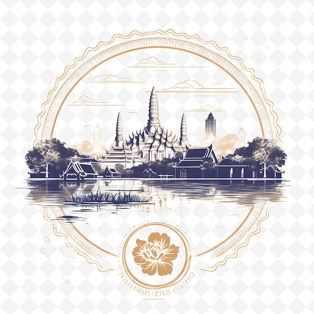 PSD png bangkok ville avec couleur monochrome or éléphant et lotus d paysages à l'aquarelle dessinés à la main