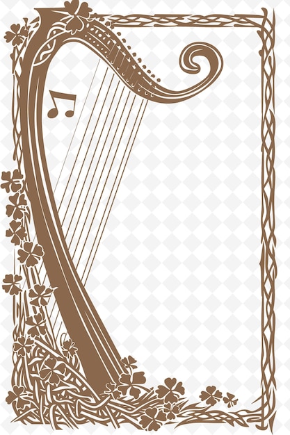 PSD png celtic harp frame art con shamrock e note musicali decora illustrazione frame art decorative