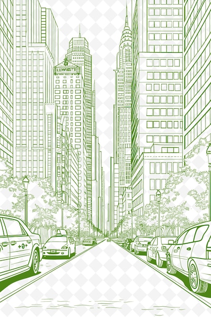 PSD png cityscape design de carte postale avec cadre urbain design de style déco outline arts scribble décoratif