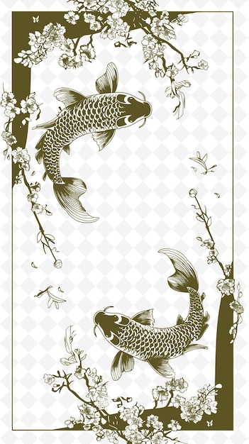 PSD png japanese frame art con koi fish e cherry blossom decorati illustrazione frame art decorative