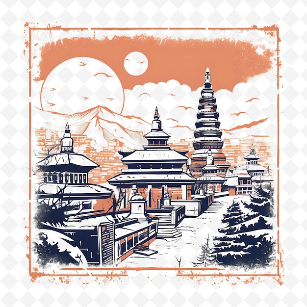 PSD png kathmandu stadt mit monochromer terrakotta farbe swayambhunat handgezeichneter aquarell landschaften