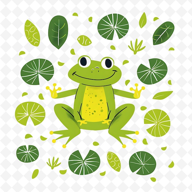 PSD png nimble frog con forme di lili sparse in giro illustrazione luminosa e piatta carattere carino