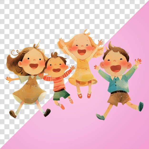 PSD png un carino quattro bambini che saltano insieme bambini felici facce di illustrazione