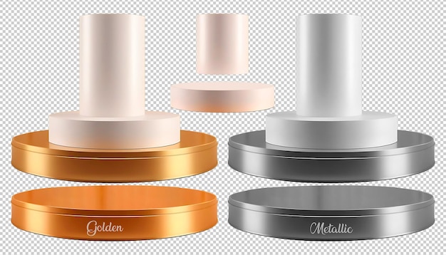 PSD podium display set 3d white gold e metallic chic dual stages con piedistallo rotondo isolato png