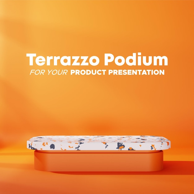 podium en terre cuite minimaliste avec fond orange en carré pour la présentation du produit