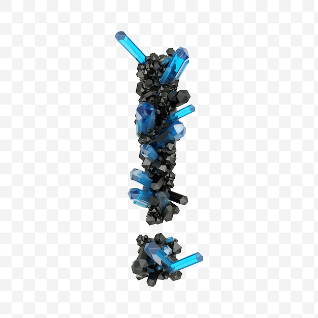 PSD le point d'exclamation de l'alphabet fait de cristaux de bijoux noirs et bleus a isolé le fichier pds