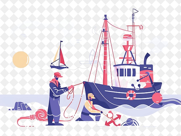 PSD port nautique avec des personnages de marins qui nouent le nœud design des gens style de vie illustration plate