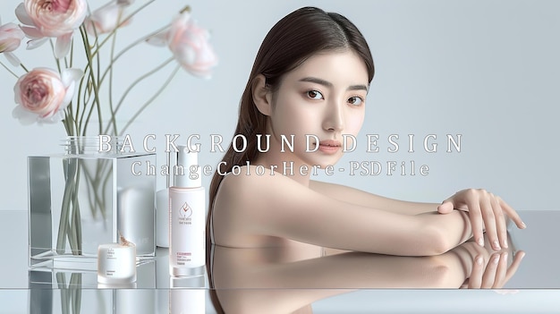 PSD portrait de belles femmes asiatiques avec la dernière formule de soin de la peau endorsement et concept publicitaire