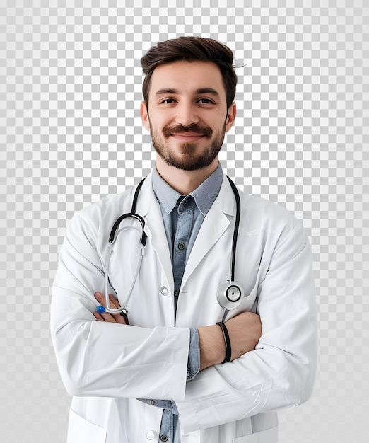 Portrait d'un médecin souriant avec un stéthoscope isolé sur un fond transparent