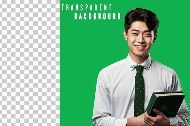 PSD portrait transparent d'un étudiant asiatique tenant un livre sur un fond vert