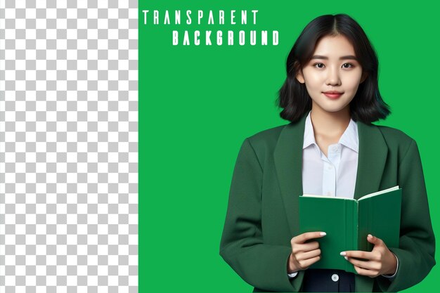 PSD portrait transparent d'un étudiant asiatique tenant un livre sur un fond vert