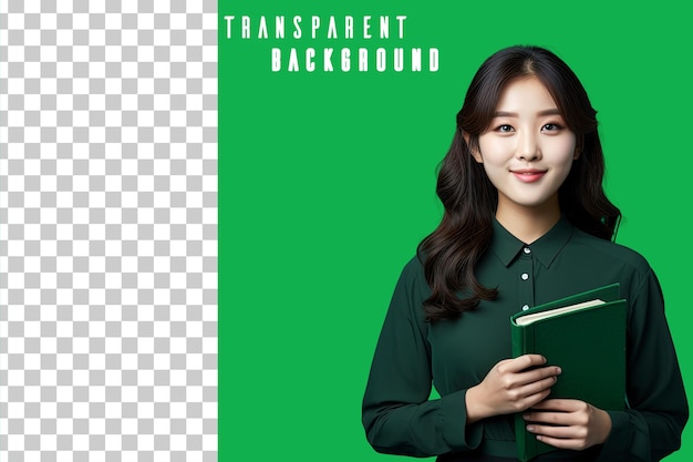 PSD portrait transparent d'un étudiant asiatique tenant un livre sur un fond vert