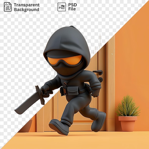 Portrait de voleur en 3D entrant dans une maison entourée d'une plante verte et d'un mur orange avec un pistolet noir et un jouet à proximité et une porte en bois en arrière-plan